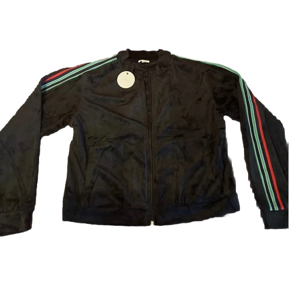 Women Black Velour Track Jacket‎ Size M Striped Casual Full Zip